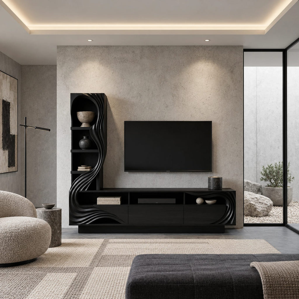 Sculptural Wood TV Console With Carved Shelf Tower For Living Room