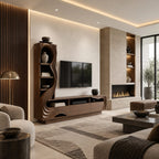 Sculptural Wood TV Console With Carved Shelf Tower For Living Room