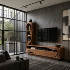 Sculptural Wood TV Console With Carved Shelf Tower For Living Room