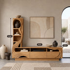 Sculptural Wood TV Console With Carved Shelf Tower For Living Room
