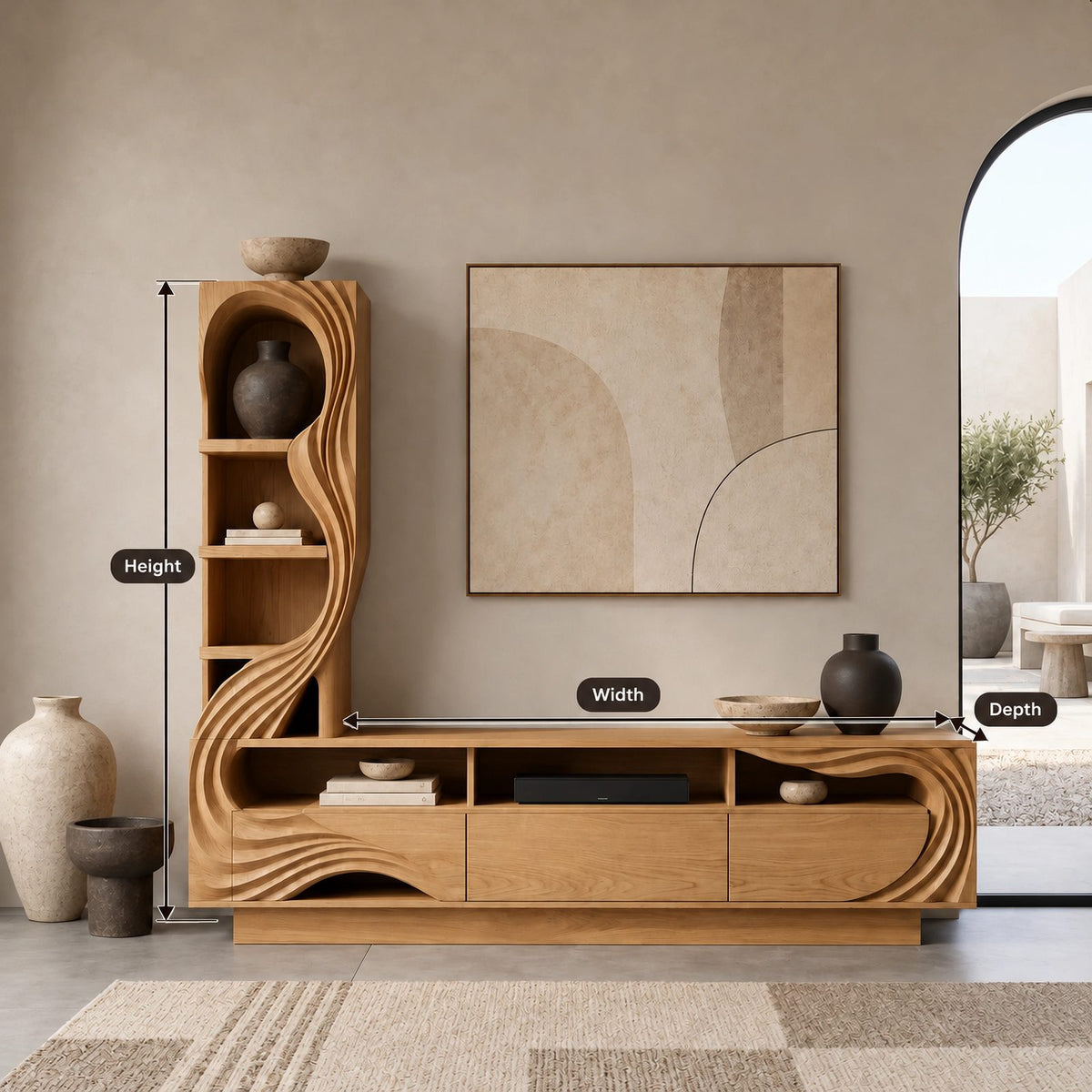 Sculptural Wood TV Console With Carved Shelf Tower For Living Room