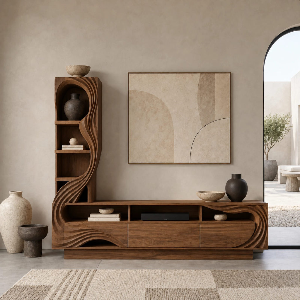 Sculptural Wood TV Console With Carved Shelf Tower For Living Room