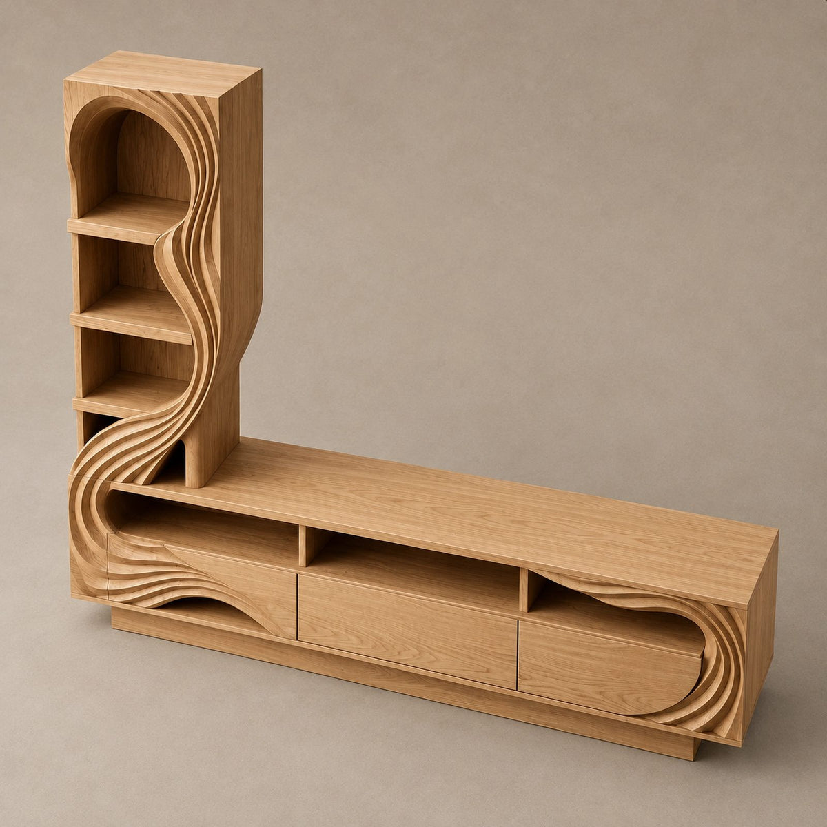 Sculptural Wood TV Console With Carved Shelf Tower For Living Room