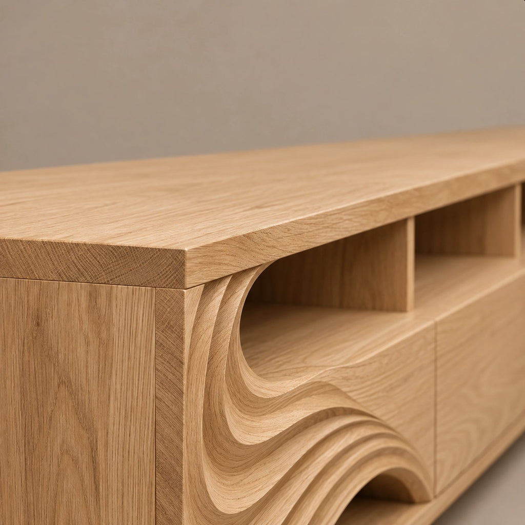 Sculptural Wood TV Console With Carved Shelf Tower For Living Room