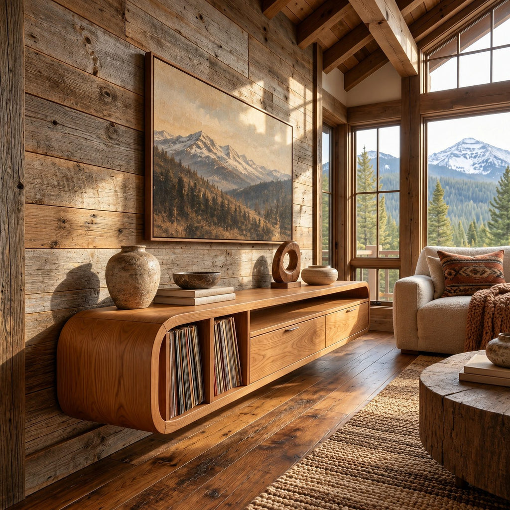 Floating Wood TV Cabinet With Open Storage Shelf For Living Room