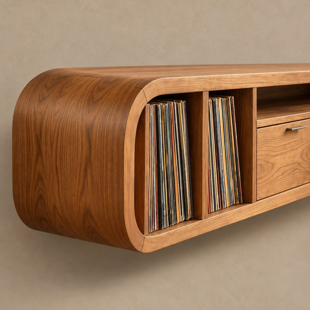 Floating Wood TV Cabinet With Open Storage Shelf For Living Room