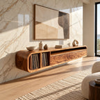 Floating Wood TV Cabinet With Open Storage Shelf For Living Room