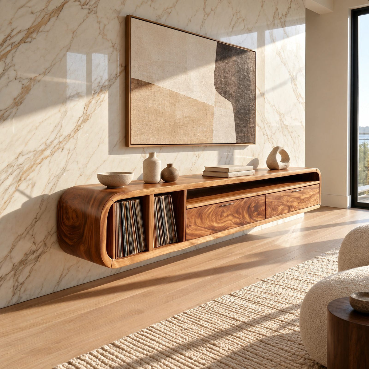 Floating Wood TV Cabinet With Open Storage Shelf For Living Room