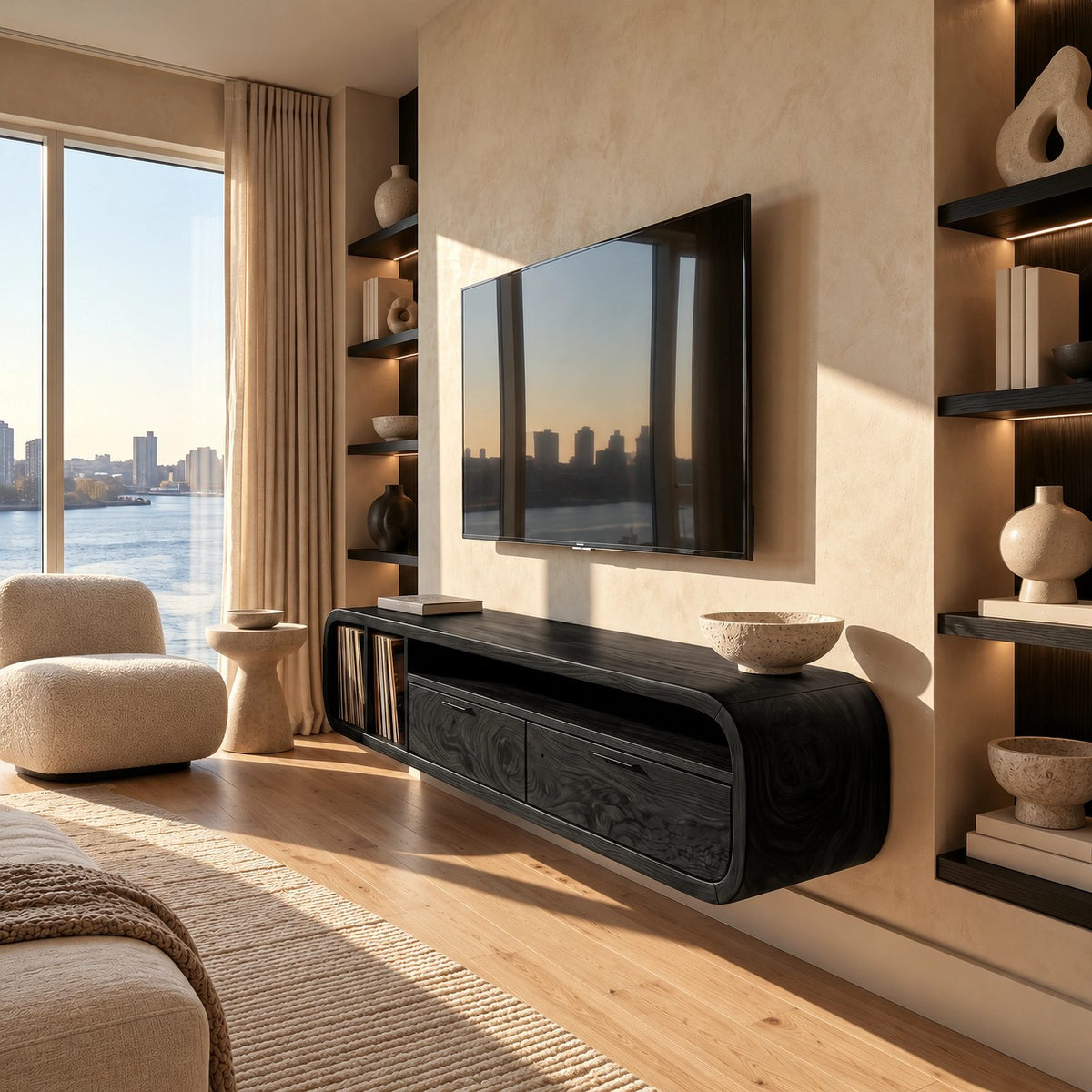 Floating Wood TV Cabinet With Open Storage Shelf For Living Room