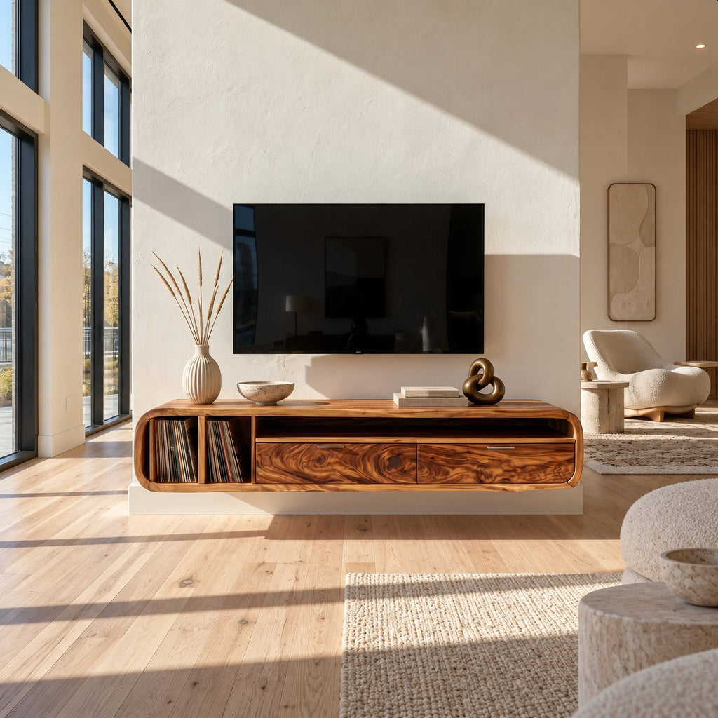 Floating Wood TV Cabinet With Open Storage Shelf For Living Room