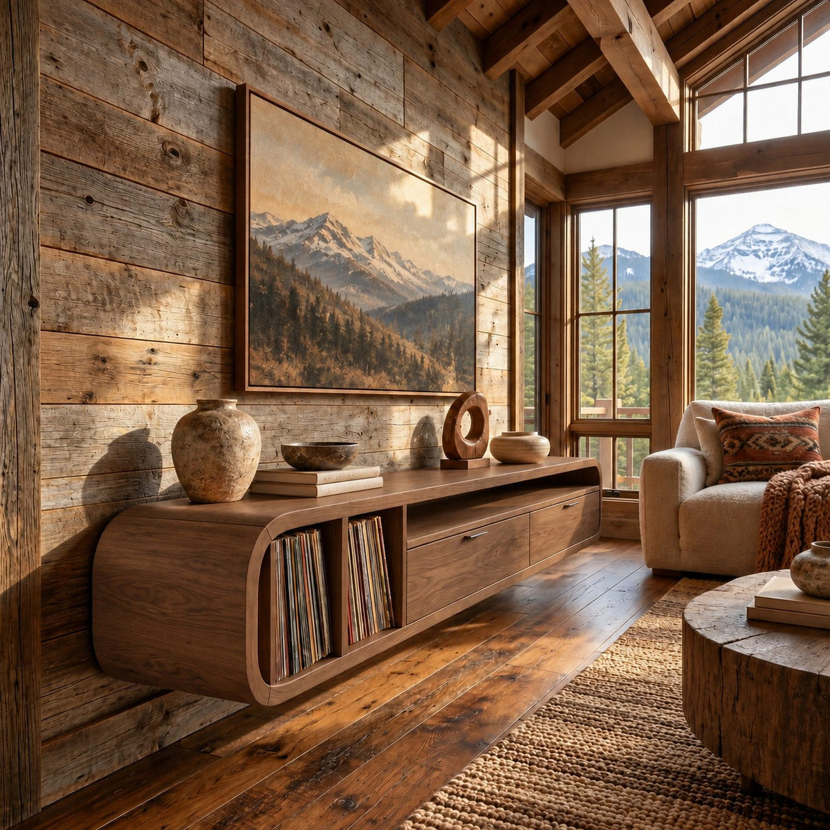 Floating Wood TV Cabinet With Open Storage Shelf For Living Room