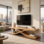 Sculptural Wood TV Stand With Interlocking Base For Living Room