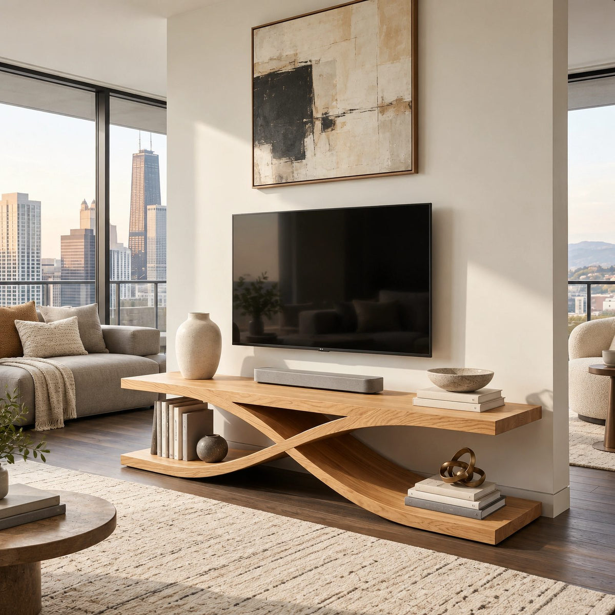 Sculptural Wood TV Stand With Interlocking Base For Living Room