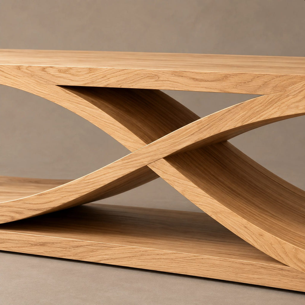 Sculptural Wood TV Stand With Interlocking Base For Living Room