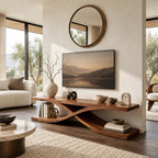 Sculptural Wood TV Stand With Interlocking Base For Living Room