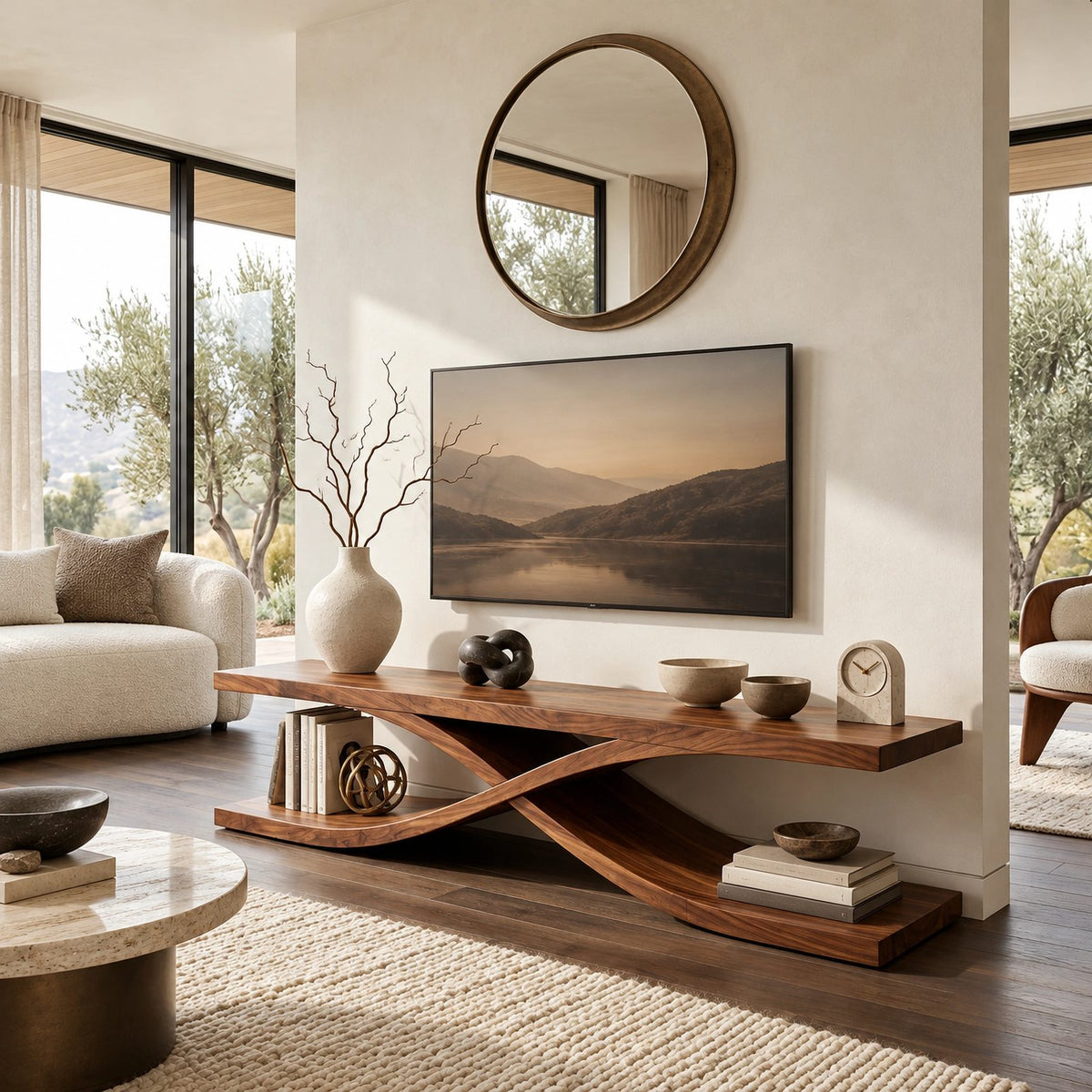 Sculptural Wood TV Stand With Interlocking Base For Living Room