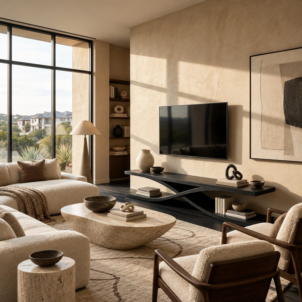 Sculptural Wood TV Stand With Interlocking Base For Living Room