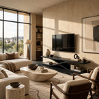 Sculptural Wood TV Stand With Interlocking Base For Living Room