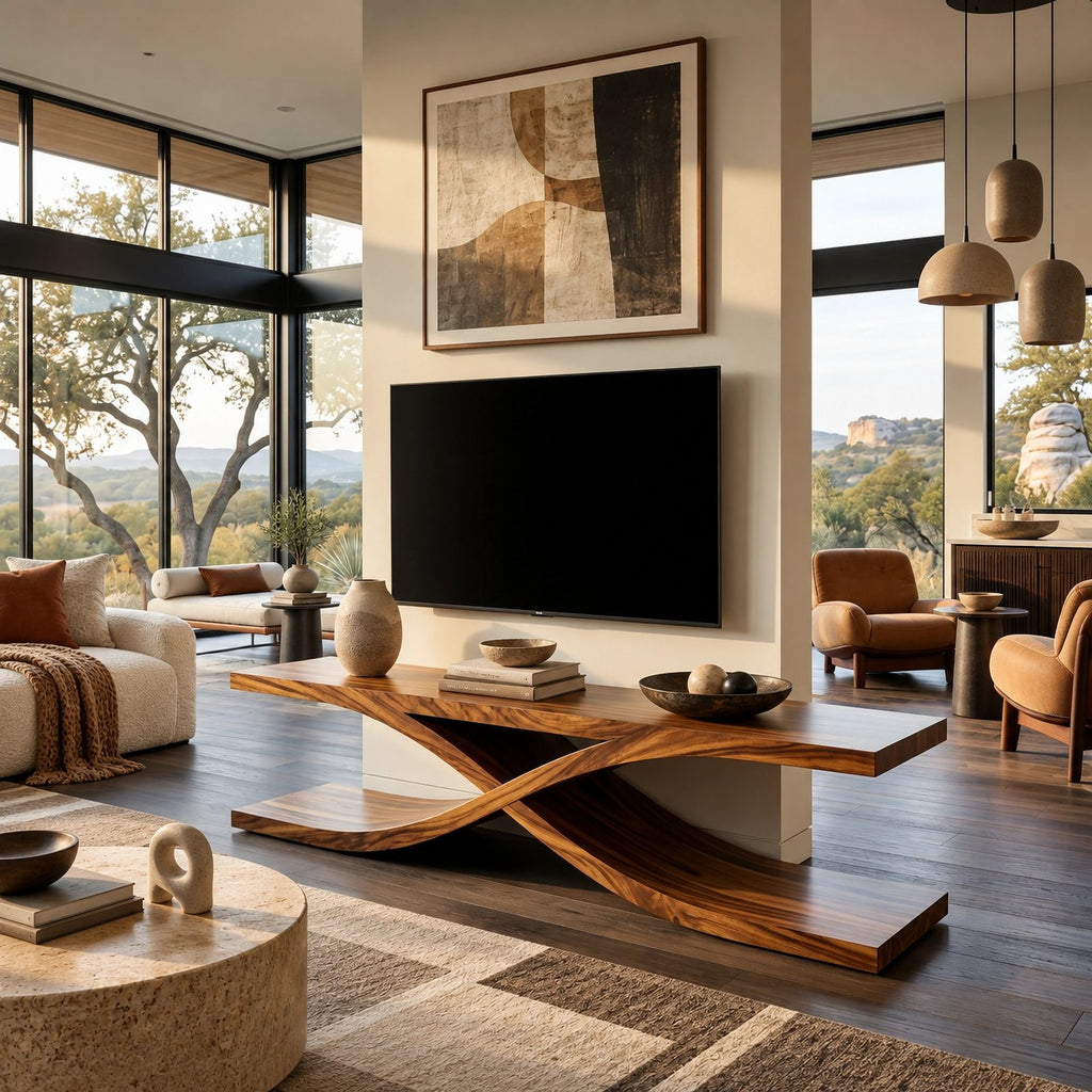 Sculptural Wood TV Stand With Interlocking Base For Living Room