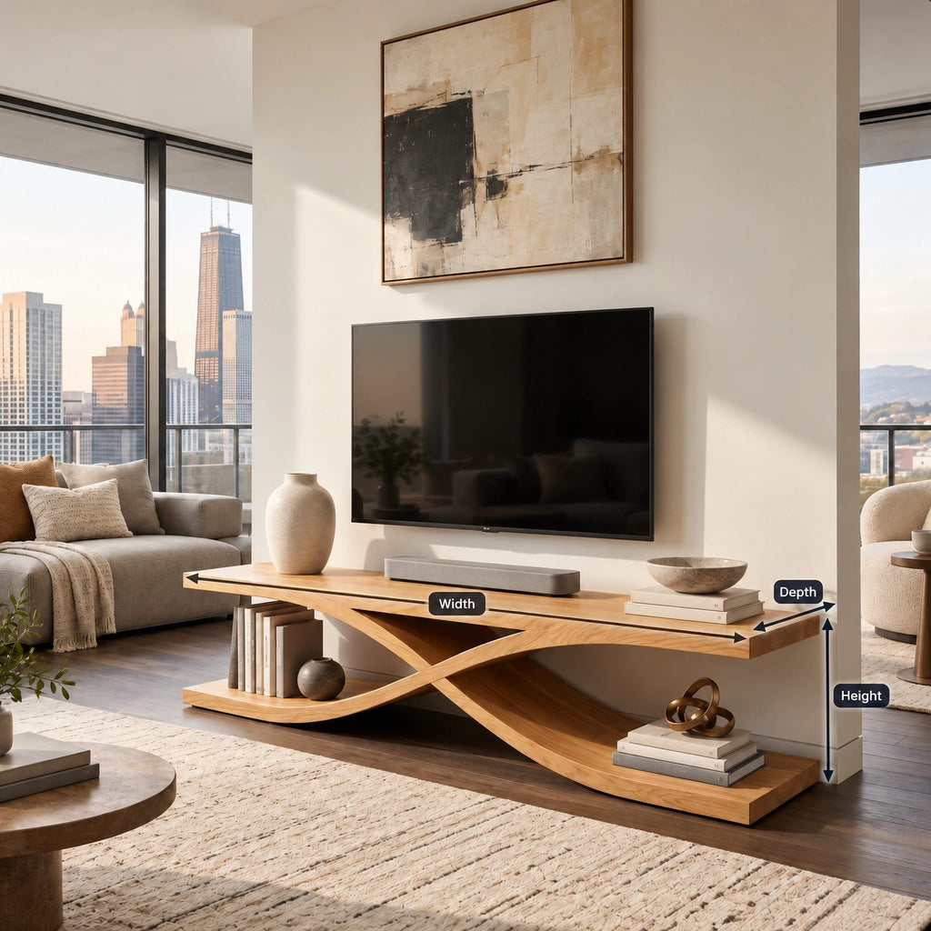 Sculptural Wood TV Stand With Interlocking Base For Living Room
