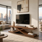 Sculptural Wood TV Stand With Interlocking Base For Living Room