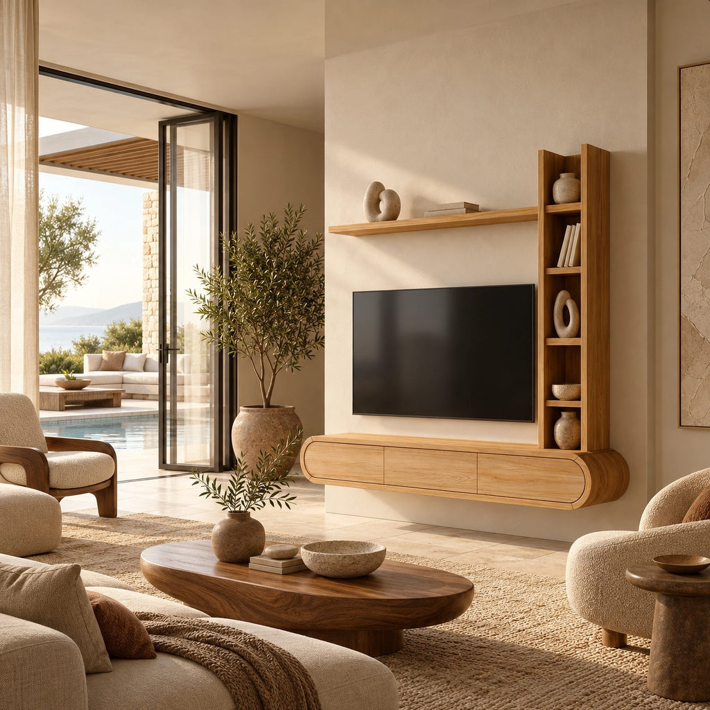 Wall Mounted Wood TV Stand With Vertical Open Shelf For Living Room