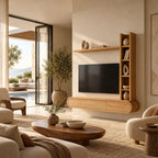 Wall Mounted Wood TV Stand With Vertical Open Shelf For Living Room