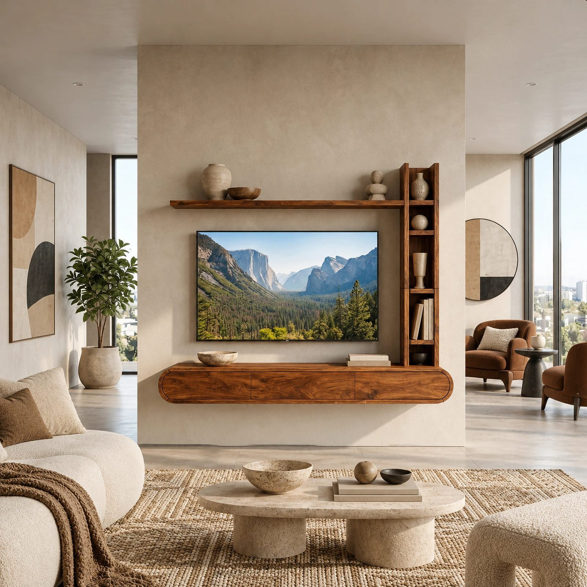 Wall Mounted Wood TV Stand With Vertical Open Shelf For Living Room