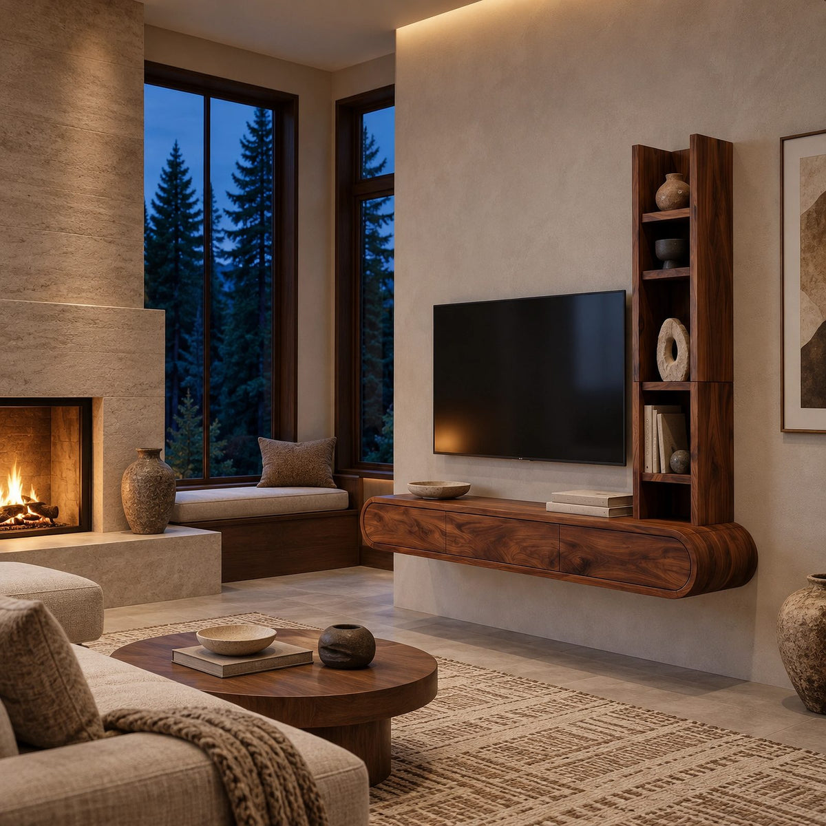 Wall Mounted Wood TV Stand With Vertical Open Shelf For Living Room