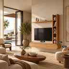 Wall Mounted Wood TV Stand With Vertical Open Shelf For Living Room
