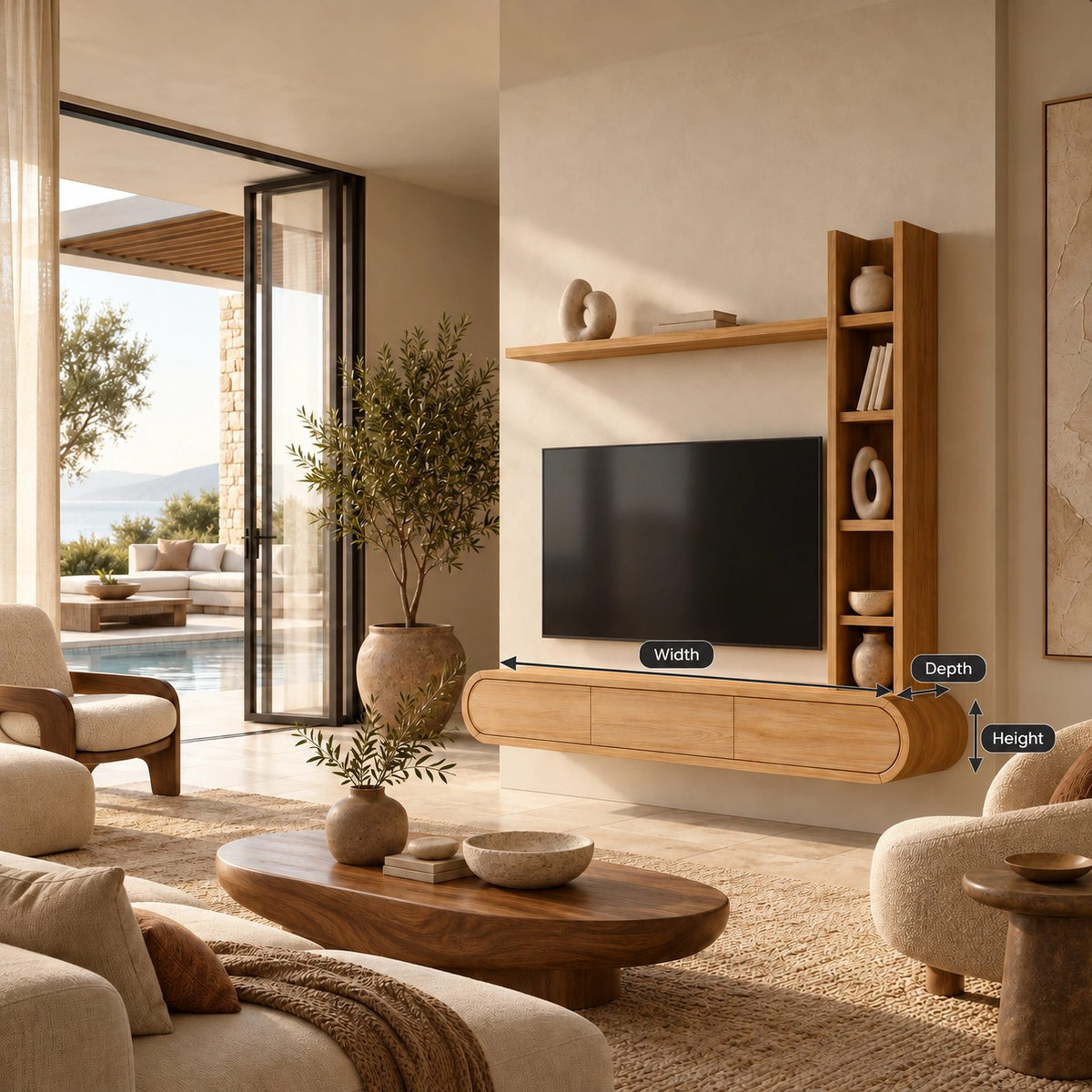 Wall Mounted Wood TV Stand With Vertical Open Shelf For Living Room