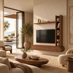Wall Mounted Wood TV Stand With Vertical Open Shelf For Living Room