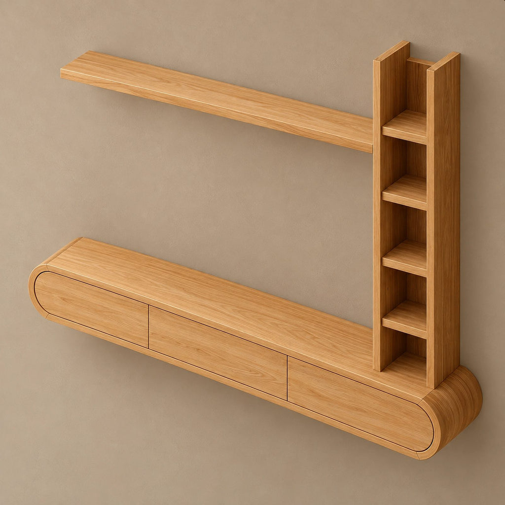 Wall Mounted Wood TV Stand With Vertical Open Shelf For Living Room