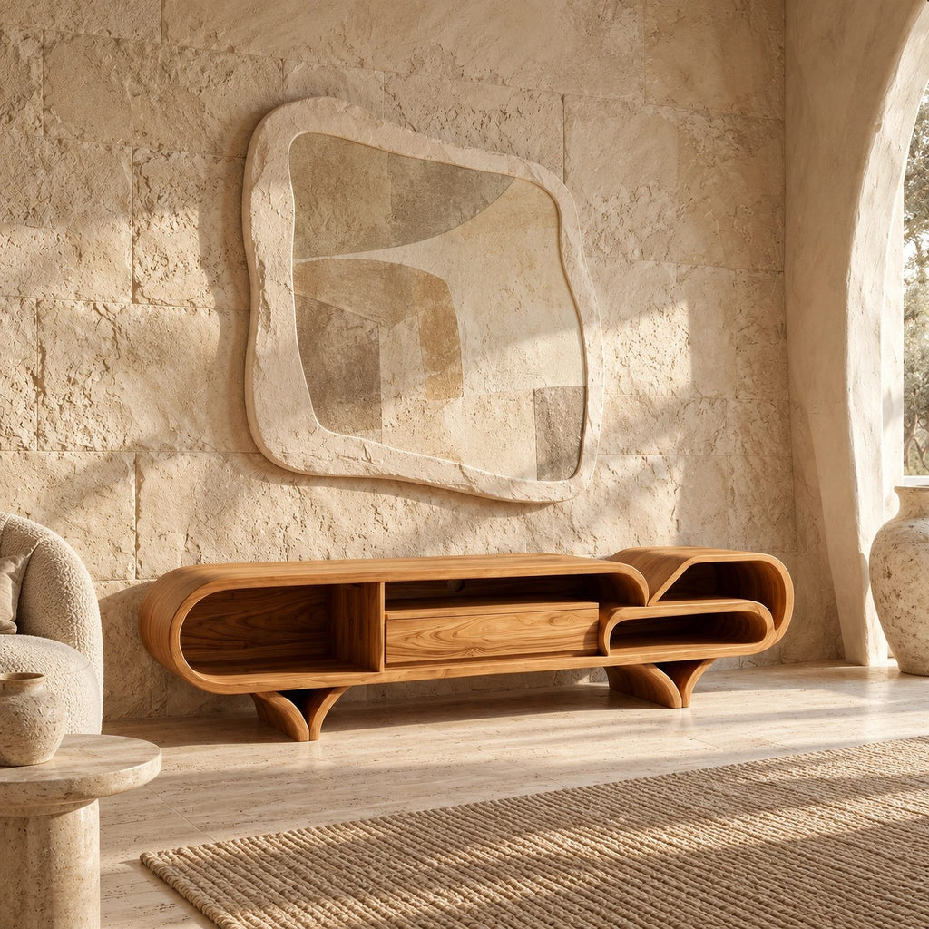 Mediterranean Wood TV Stand With Rounded Base For Living Room