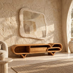 Mediterranean Wood TV Stand With Rounded Base For Living Room