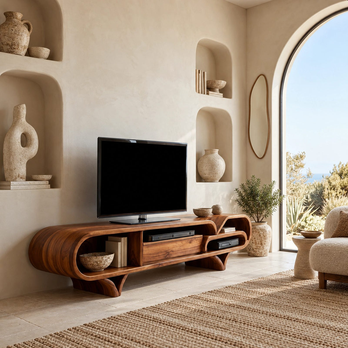 Mediterranean Wood TV Stand With Rounded Base For Living Room