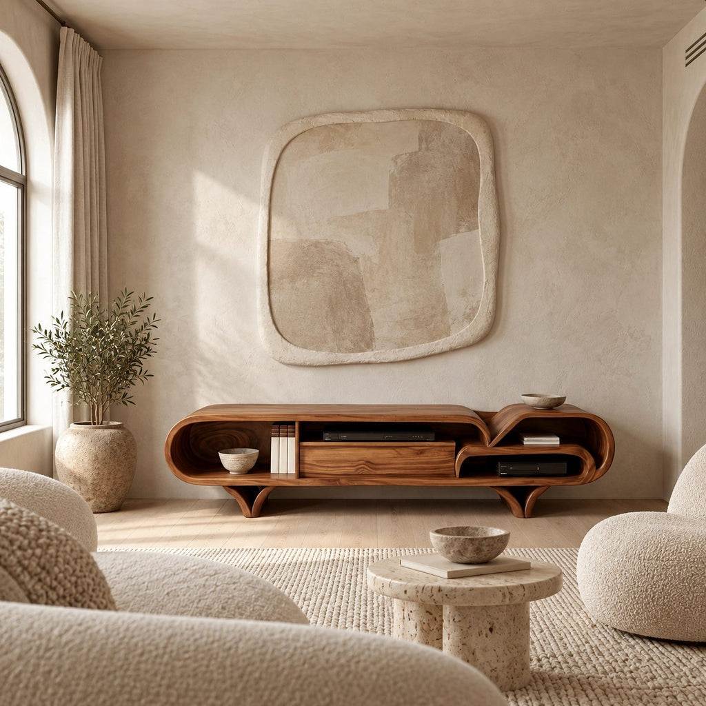 Mediterranean Wood TV Stand With Rounded Base For Living Room