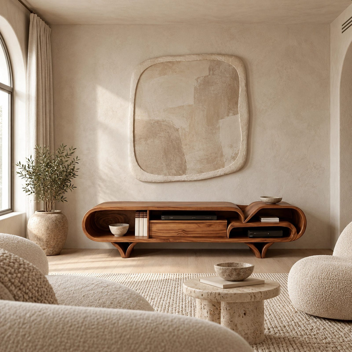 Mediterranean Wood TV Stand With Rounded Base For Living Room