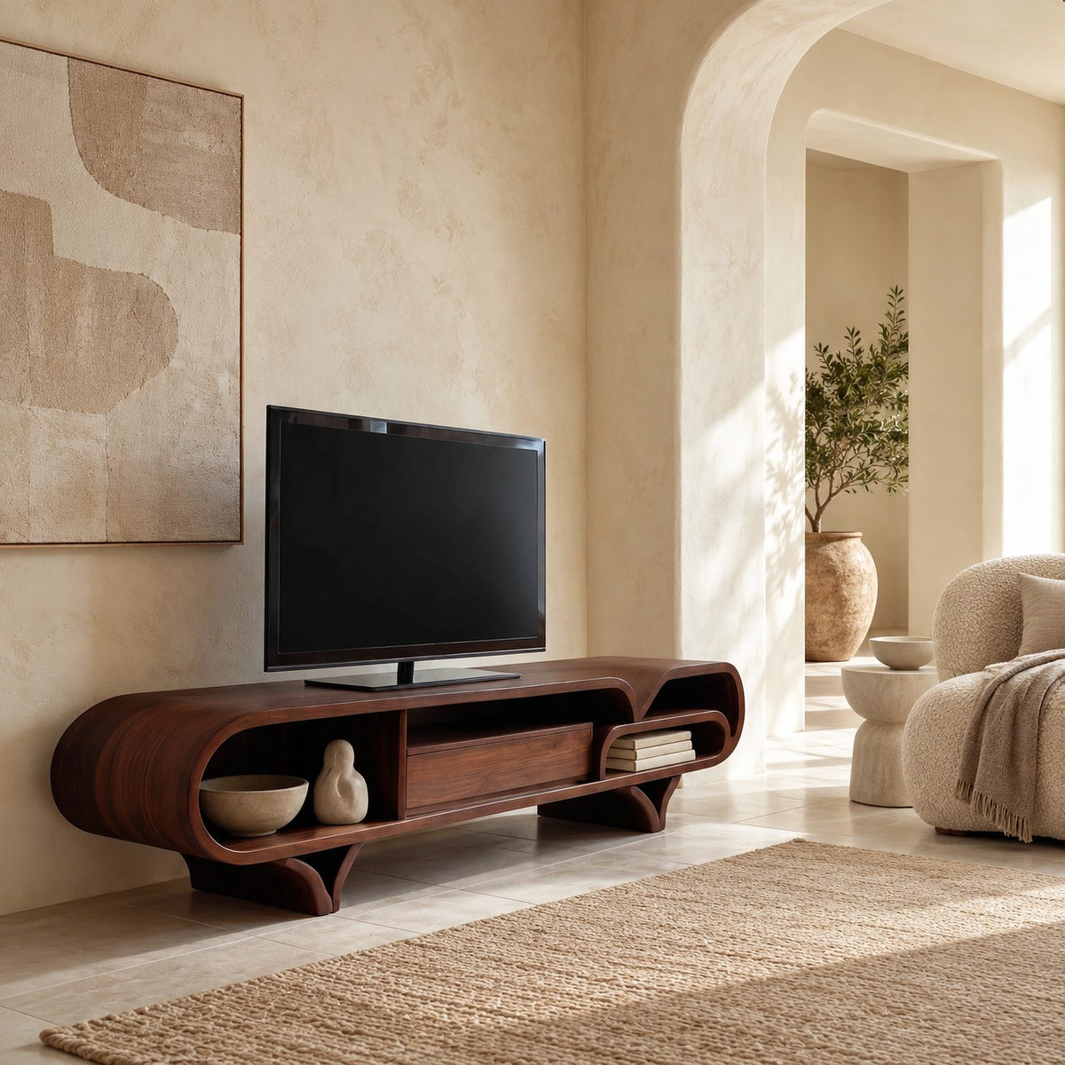Mediterranean Wood TV Stand With Rounded Base For Living Room