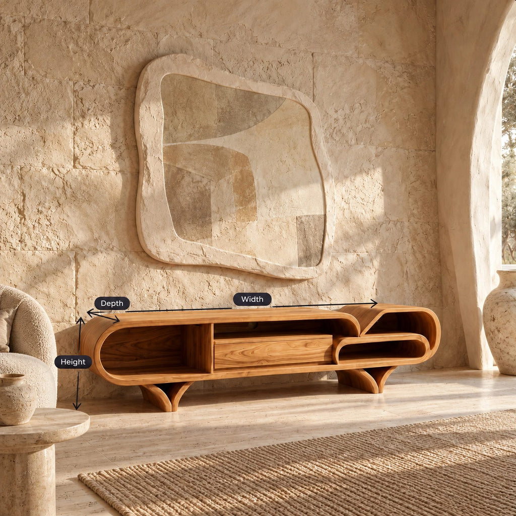 Mediterranean Wood TV Stand With Rounded Base For Living Room