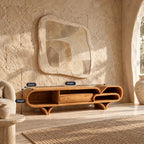 Mediterranean Wood TV Stand With Rounded Base For Living Room