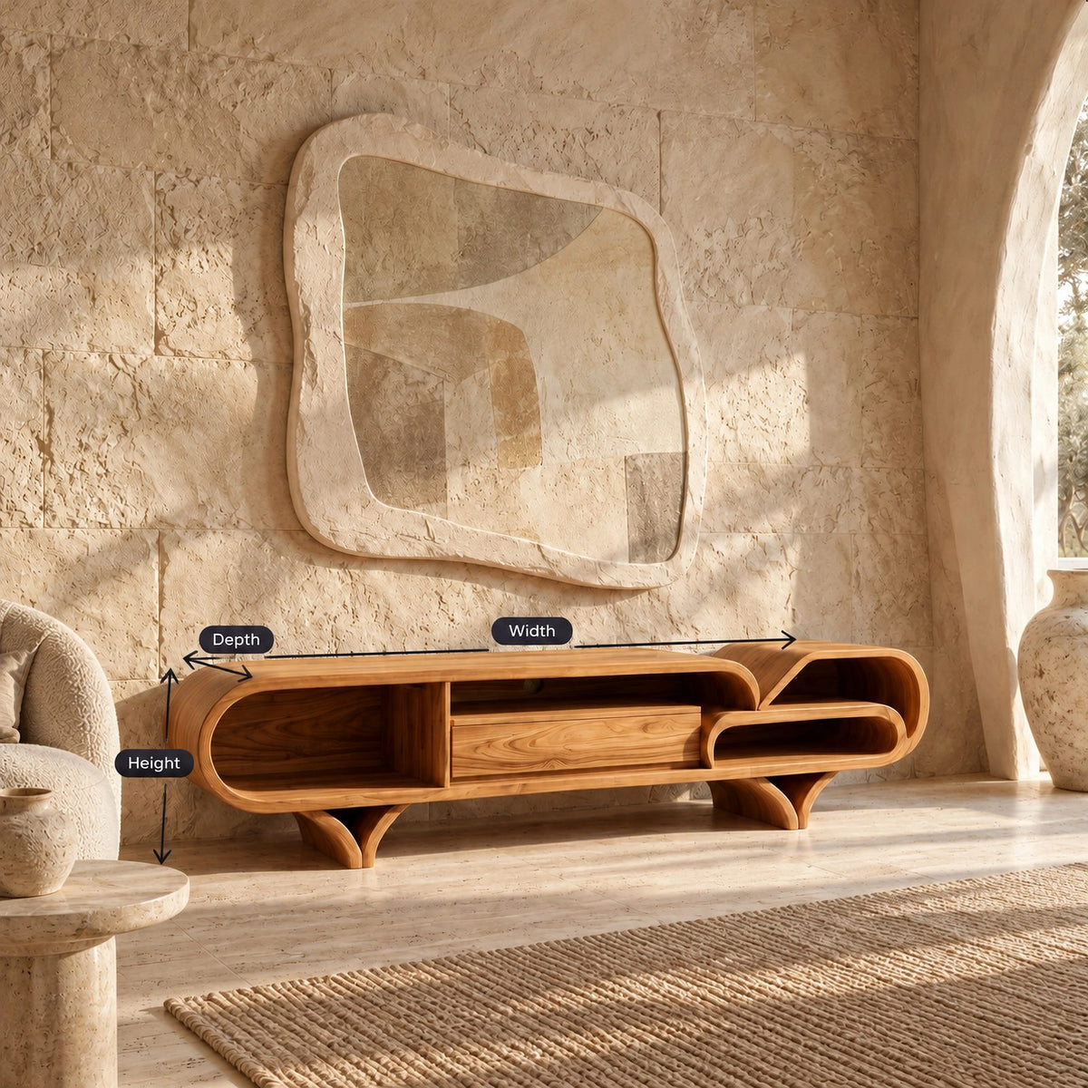 Mediterranean Wood TV Stand With Rounded Base For Living Room