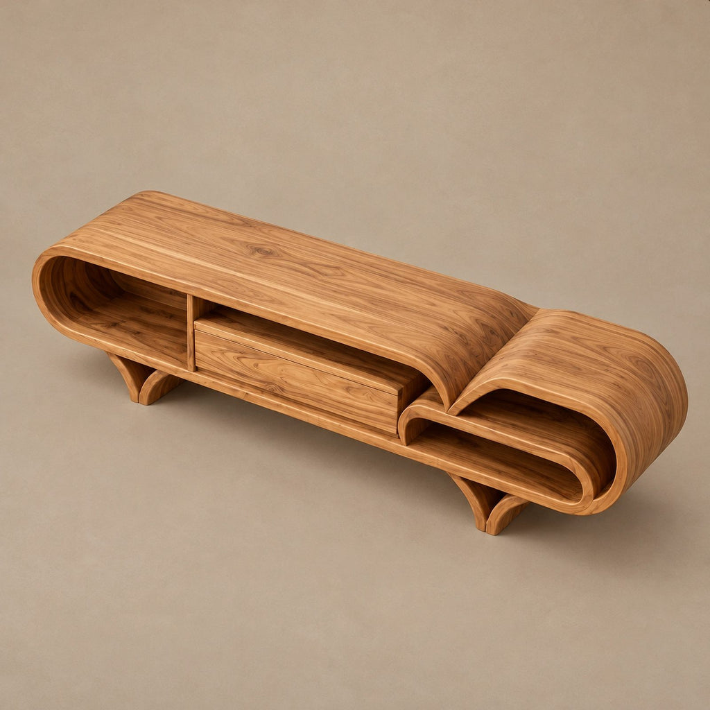 Mediterranean Wood TV Stand With Rounded Base For Living Room