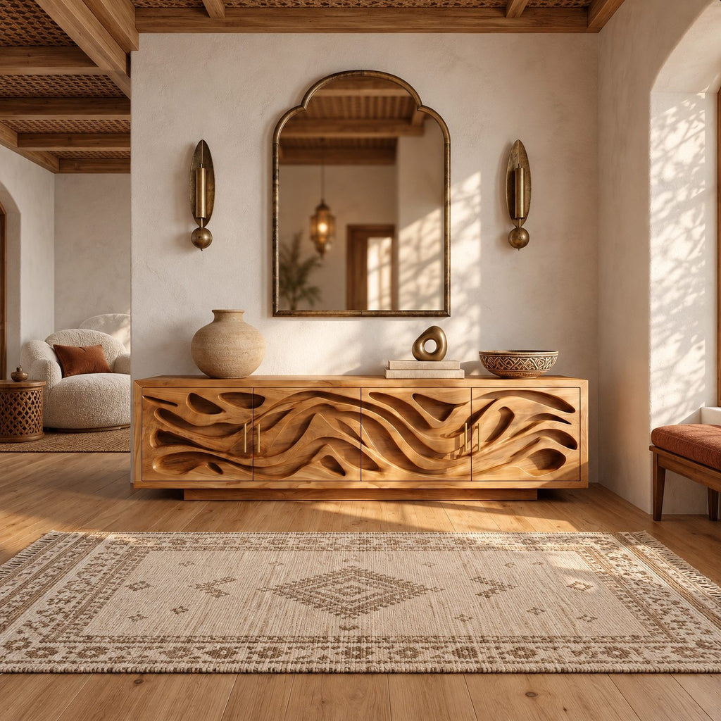 Coastal Carved Wood TV Cabinet With Organic Door Panels For Bedroom
