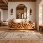 Coastal Carved Wood TV Cabinet With Organic Door Panels For Bedroom