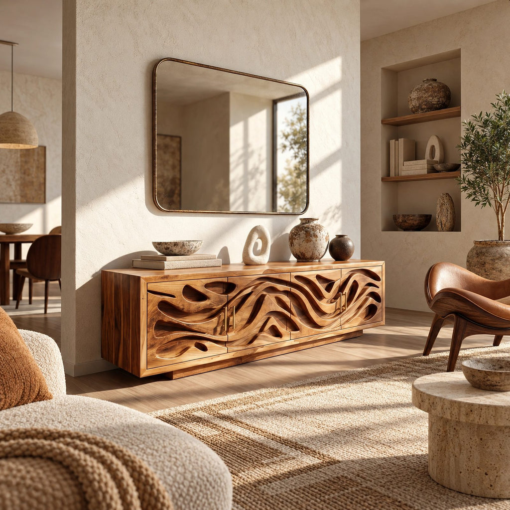 Coastal Carved Wood TV Cabinet With Organic Door Panels For Bedroom