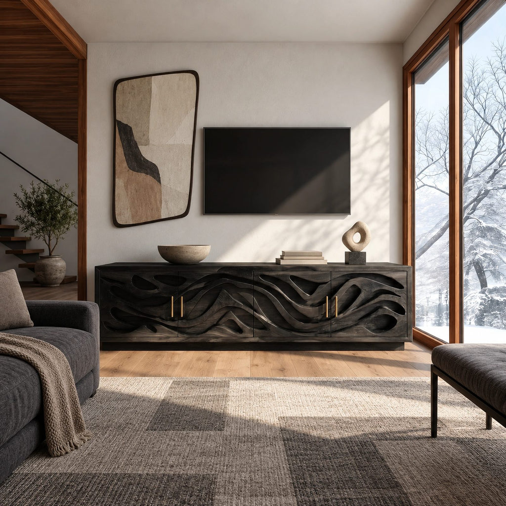 Coastal Carved Wood TV Cabinet With Organic Door Panels For Bedroom