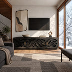 Coastal Carved Wood TV Cabinet With Organic Door Panels For Bedroom