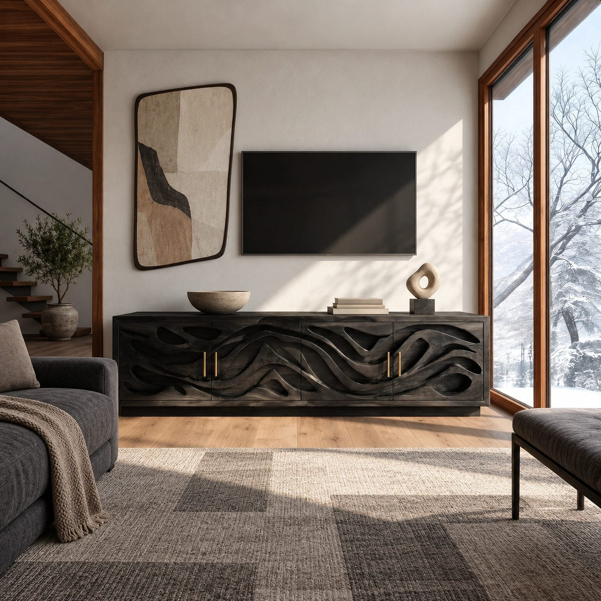 Coastal Carved Wood TV Cabinet With Organic Door Panels For Bedroom