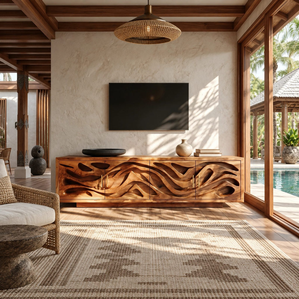 Coastal Carved Wood TV Cabinet With Organic Door Panels For Bedroom